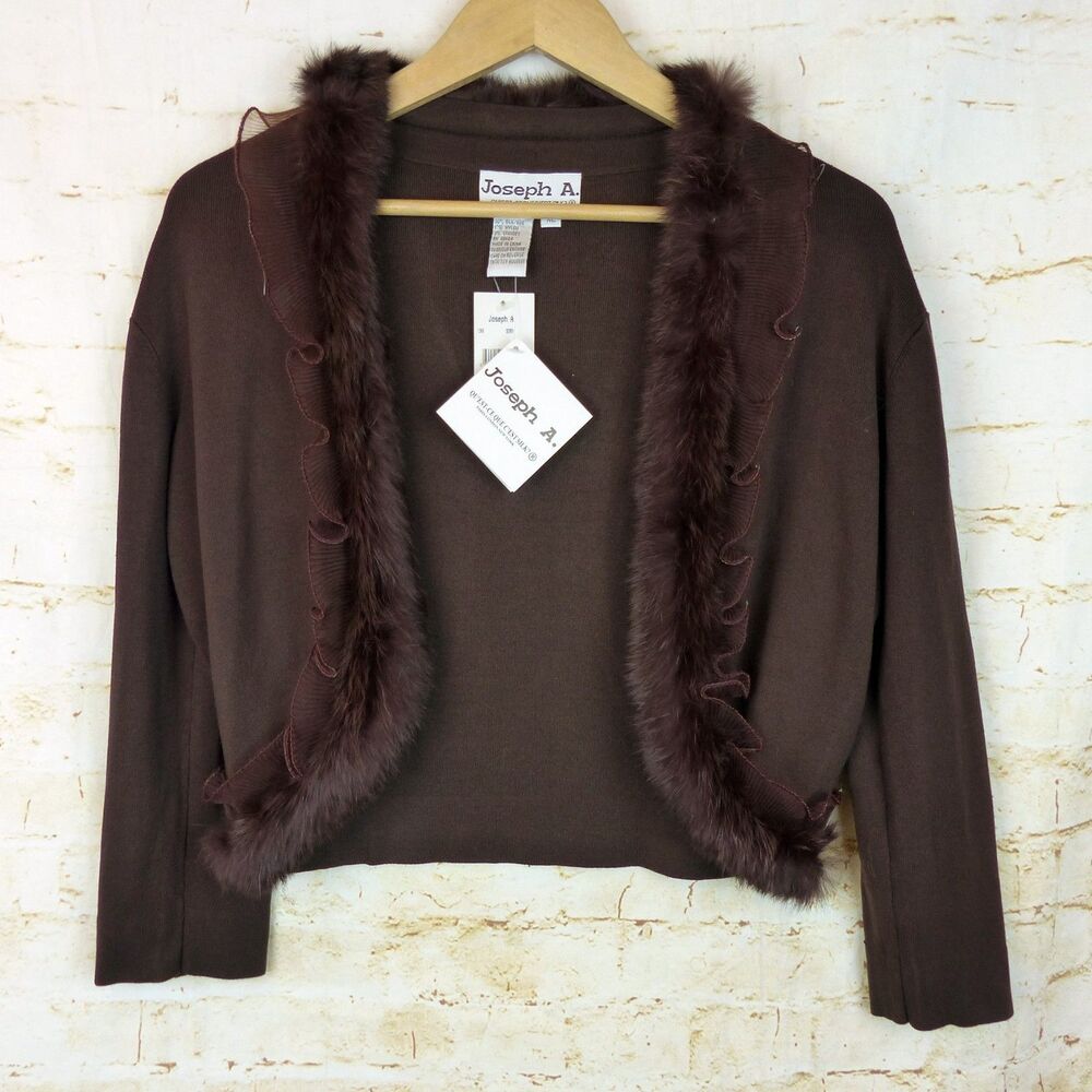 VTG Joseph A. Cardigan Women XL Brown Silk Blend Faux Fur Trim Crop Sweater Y2K